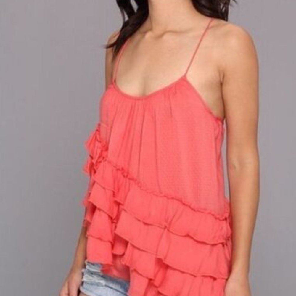 FREE PEOPLE Top S FLUTTER BY Tank Tier Ruffle Asymmetrical Cami Blouse Coral NWT